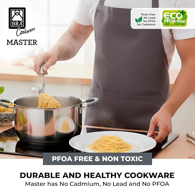 BRA COOKWARE Master Stainless Steel Stock Pot w/Glass Lid | 8 Inch 2.4 Quart Premium 18/10 Cooking Pot | PFAS Free Deep Pot | Silicone Coated Handles | All Cooktops (incl. Induction) | Shiny Finish