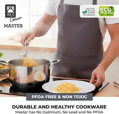 BRA COOKWARE Master Stainless Steel Stock Pot w/Glass Lid | 8 Inch 2.4 Quart Premium 18/10 Cooking Pot | PFAS Free Deep Pot | Silicone Coated Handles | All Cooktops (incl. Induction) | Shiny Finish