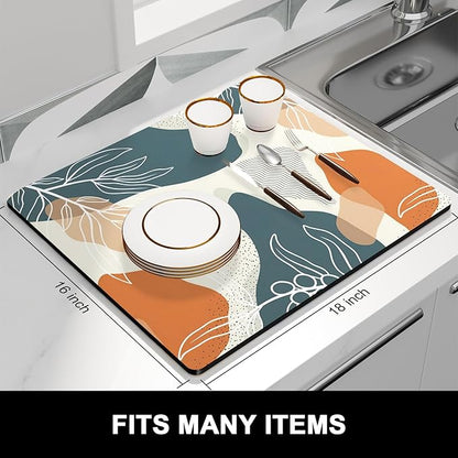 Rnivvi Dish Drying Mat for Kitchen Counter, 16 x 18" Cute Boho Theme Absorbent Heat Resistant Drying Pad with Non-slip Rubber, Coffee Bar Mats for Coffee Machine Dish Rack, Abstract Leaves - Image 3
