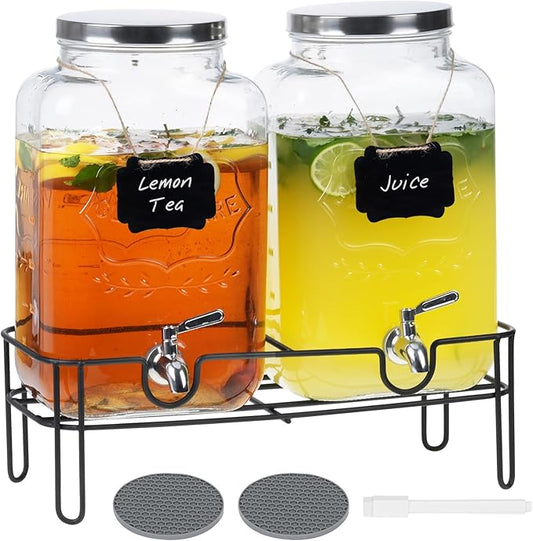 Moretoes 2 Gallon Glass Drinks Dispenser for Parties, 2 PACK Beverage Dispenser with Stand for Juice and Iced Tea, Water Jug Dispenser for Lemonade, Party Essential Beverage Pitcher with Spout by Moretoes