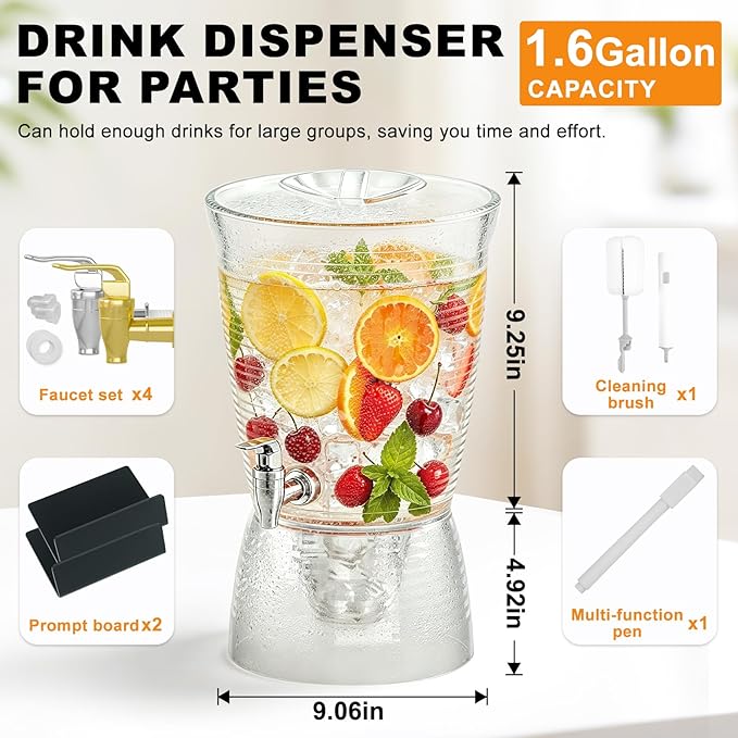 1.6 Gallon Drink Dispenser for Parties, 2 Pack Plastic Beverage Container with Stand for Counter Tops, for Tea,Drinks, Juice, Punch & Water Party Hosting - Image 2