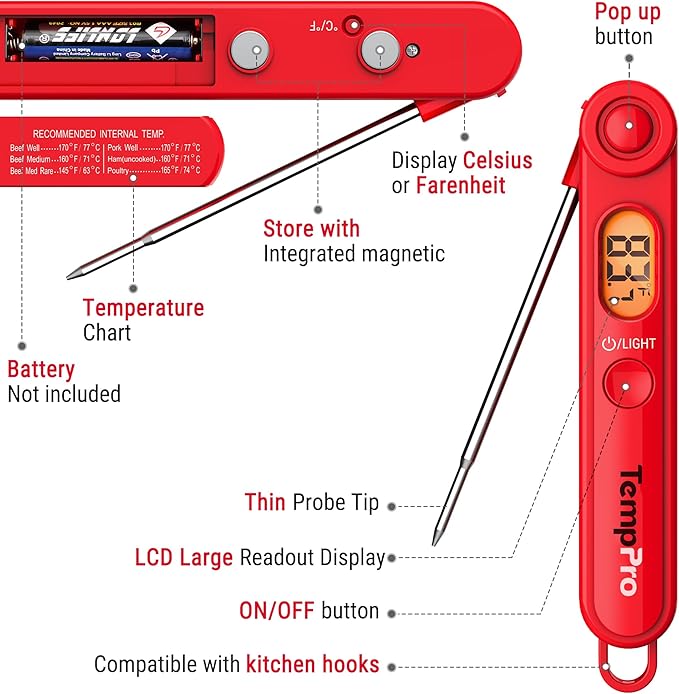 TempPro TP03B Digital Meat Thermometer for Cooking, Instant Read Thermometer with Backlight, Kitchen Food Thermometer for Grill Smoker BBQ Oil Deep Fry Candy Bread Coffee (Previously ThermoPro) - Image 5