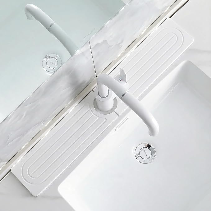 Faucet Mat for Kitchen Sink -Diatomite Stone Drying Mat for Kitchen Counter & Bathroom Sink,Quick-Dry Kitchen Sink Mat-Sink Protector & Splash Guard,Super Absorbent (White, 23.6" x 4") by SUXLINA