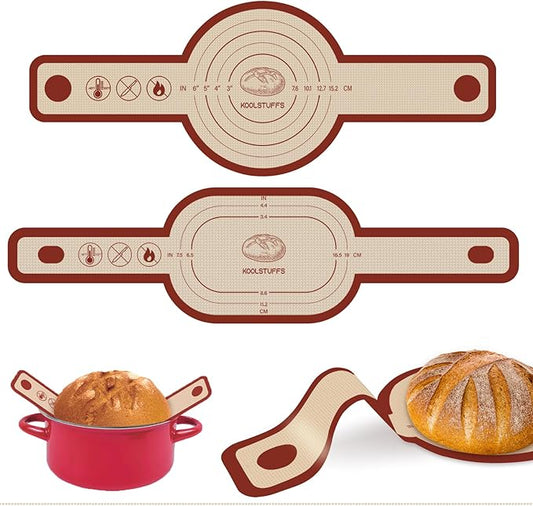 Silicone Bread Sling for Dutch Oven, 2 PCS Red Non-Stick & Reusable Bread Baking Mat with Extra Long Handles, Easy and Safe Sourdough Transfer, Dishwasher Safe Baker's Tools, Round and oval by Koolstuffs