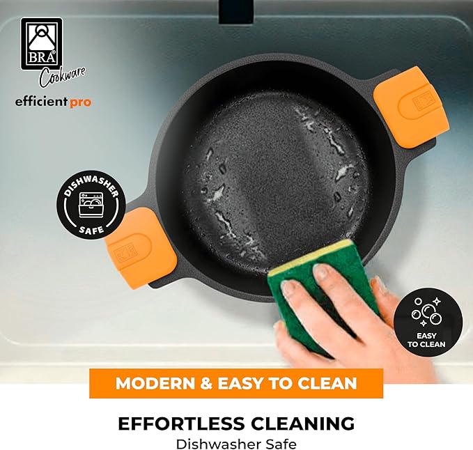 BRA COOKWARE Efficient Pro Nonstick Stock Pot w/Lid | 9.5 Inch 4.2 Quart Cooking Pot | 3-Layer Scratch Resistant Coating | PFOA Free Deep Pot | All Cooktops | Oven Safe up to 425°F (w/o Lid-Handles)