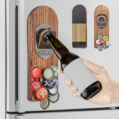 Beer Bottle Opener Wall Mounted with Magnetic Cap Catcher, Wooden Magnetic Bottle Opener for Fridge, Vintage Beer Gifts for Men, Man Cave Decor, Gifts for Men and Beer Lovers (Style 1)