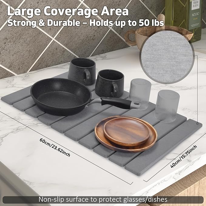 Large Stone Dish Drying Mats for Kitchen Counter, 24"(L)×16"(W) Collapsible Quick Dry Dish Drying Mat, Eco-Friendly Absorbent Diatomaceous Earth Mat for Dishes Bottles Cups, Match Any Countertop - Image 4