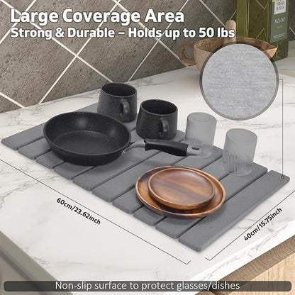 Large Stone Dish Drying Mats for Kitchen Counter, 24"(L)×16"(W) Collapsible Quick Dry Dish Drying Mat, Eco-Friendly Absorbent Diatomaceous Earth Mat for Dishes Bottles Cups, Match Any Countertop - Image 4