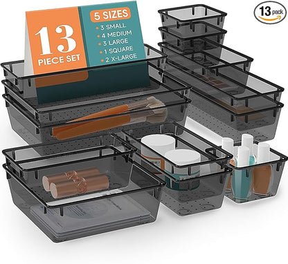 StorMiracle 13 PCS Drawer Organizer Set, 5 Varied Size Bathroom and kitchen Drawer cabinet organizer Trays, Clear Storage Bins for Makeup, Jewelry, Utensils and Gadgets, Black by StorMiracle