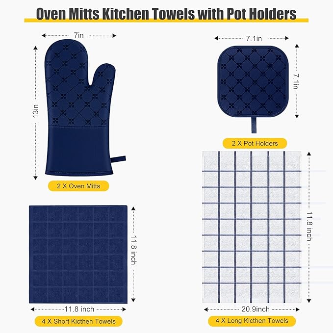 Oven Mitts Kitchen Towels Dishcloths with Pot Holders Sets 12PCS,Dish Towels Sets,Oven Gloves Pot Pads Heat Resistant 500 Degrees with Non-Slip Silicone Surface for Cooking Baking Grilling-Marine Blue - Image 2