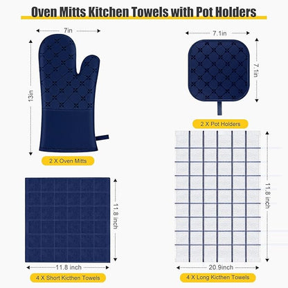 Oven Mitts Kitchen Towels Dishcloths with Pot Holders Sets 12PCS,Dish Towels Sets,Oven Gloves Pot Pads Heat Resistant 500 Degrees with Non-Slip Silicone Surface for Cooking Baking Grilling-Marine Blue - Image 2