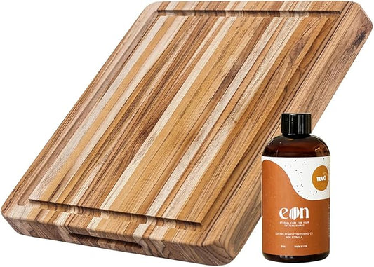Teakhaus Carving Board and Cutting Board Oil Set - Includes Small (S) Wood Cutting Board with Juice Groove and EON Food Grade Mineral Oil - Knife-Friendly - FSC Certified by TEAKHAUS