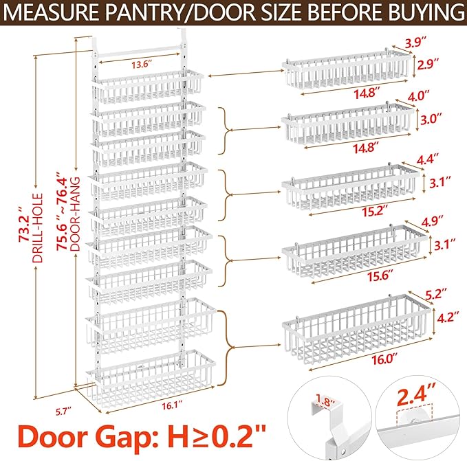 POKIPO 9 Tier Over The Door Pantry Organizer, 2 in 1 Wall Mount or Hanging Spice Rack with Adjustable Deep Basket, Heavy-Duty Seasoning Organizer and Storage for Kitchen Cabinet Closet Bathroom - Image 9