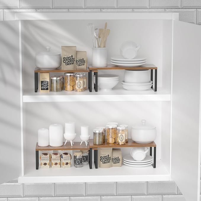 NEX Kitchen Cabinet and Counter Shelf Organizer, Stackable & Expandable, Set of 4, Black and Rustic Brown - 7.7 x 15.6 x 6.2'' - Image 2