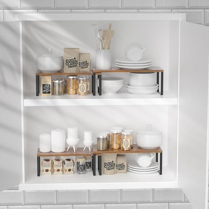 NEX Kitchen Cabinet and Counter Shelf Organizer, Stackable & Expandable, Set of 4, Black and Rustic Brown - 7.7 x 15.6 x 6.2'' - Image 2