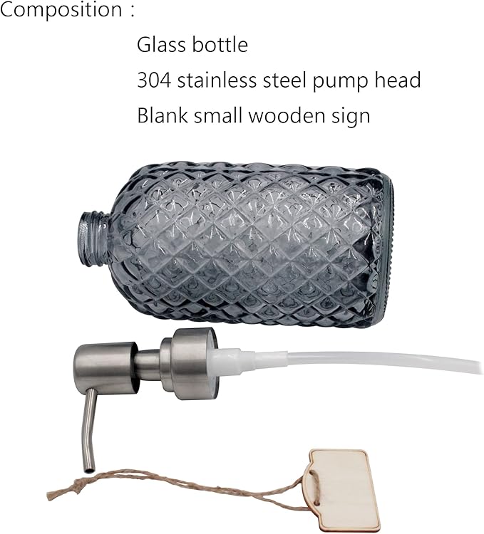 16 oz Diamond Pattern Glass Soap Dispenser, Kitchen and Bathroom Refillable Soap Dispenser with Rust Resistant Stainless Steel Pump for Hand Soap, Lotion Glass Liquid Dispenser(Grey-2pack) - Image 4