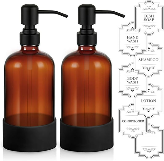 16 oz Hand and Dish Soap Dispenser Set for Kitchen and Bathroom, 500ml Amber Glass Soap Dispenser with Stainless Steel Pump, Non-Slip Silicone Sleeves, Labels - 2 Pack
