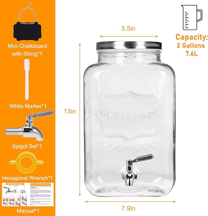 Moretoes 2 Gallon Glass Drinks Dispenser for Parties, Sun Tea Glass Jar for Outside Beverage Dispenser with Stainless Steel Spigot and Lid for Juice and Iced Tea, Pitcher - Image 2