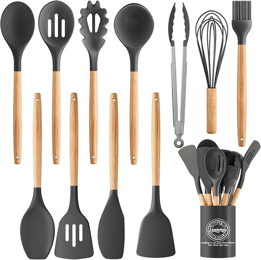 Silicone Cooking Utensil Set,12 PCS Cooking Kitchen Utensils Set, Nonstick Kitchen Utensils 446°F Heat-Resistant Cookware Kitchen Tools of Spoon,Brush,Whisk,Spatula,Turner Tongs (Gray) by Unknown