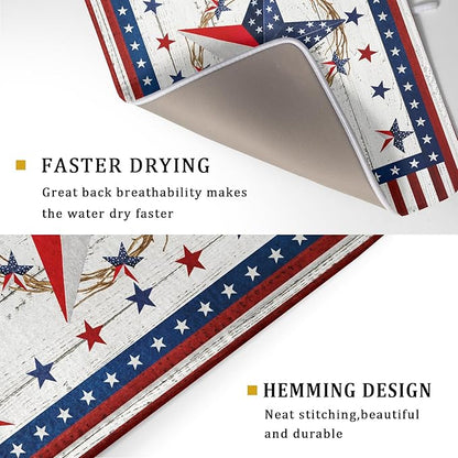 Giwawa Patriotic Stars Dish Drying Mat 4th of July America Star Wreath Dish Drainer Mats for Kitchen Countertop 18"x24" Rustic Independence Day Reversible Dish Drying Pad Large Decor