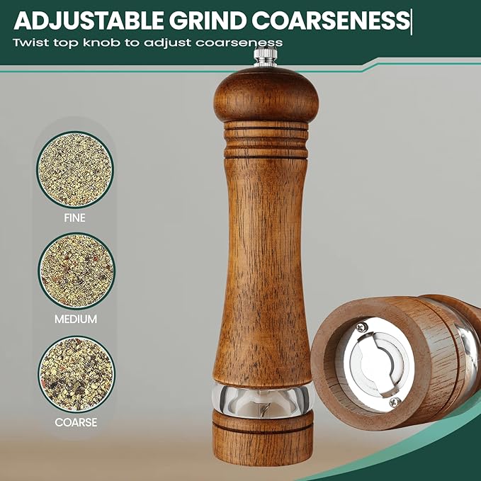 2-Piece Salt and Pepper Grinder Set with Wood Tray, 8 Inch Wooden Salt and Pepper Mills with Adjustable Coarseness, Refillable Manual Pepper Mill Grinder for Home Cooks (Brown)