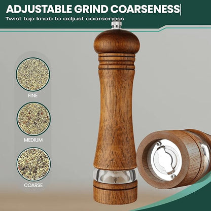2-Piece Salt and Pepper Grinder Set with Wood Tray, 8 Inch Wooden Salt and Pepper Mills with Adjustable Coarseness, Refillable Manual Pepper Mill Grinder for Home Cooks (Brown)