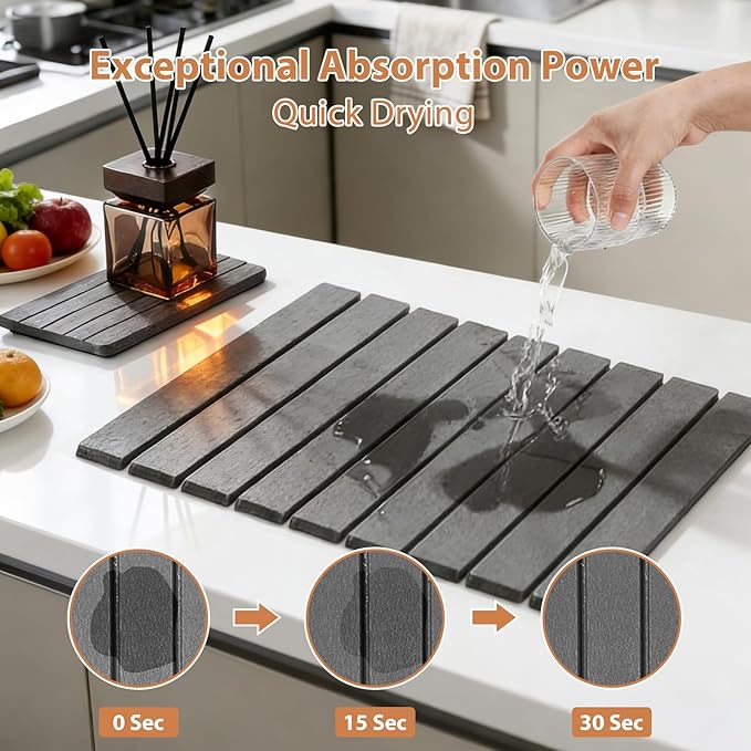 Large Stone Dish Drying Mat for Kitchen Counter, 2 PCS Quick Dry Diatomaceous Earth Dish Mat Set – Foldable Water Absorbing Kitchen Gadgets & Gifts, Home Essentials(Gray Ink 24"×16" & 8"x4") - Image 3