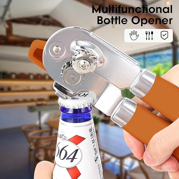 Beneno Heavy Duty Hand Can Opener Manual with Magnet, Durable Sharp Carbon Steel Blade Smooth Cutting, Big Effort-Saving Knob, Soft Grip Handle, Multifunctional Kitchen Tool with Bottle Opener, Orange - Image 6