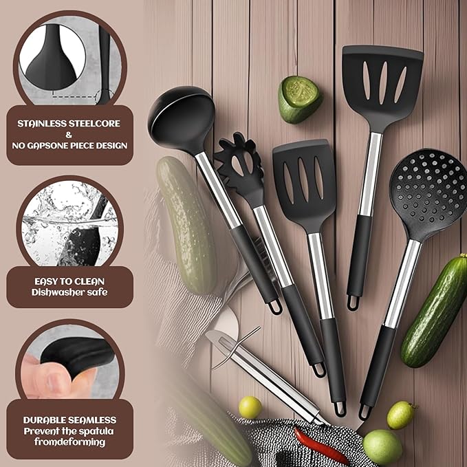 40 Pcs Kitchen Utensils Set Silicone Cooking, 446℉ Heat Resistance Stainless Steel Metal, Spaghetti Spoon Cookware Utensils, Rubber Tools Nonstick Kitchenware Can Dishwasher Safe - Image 5