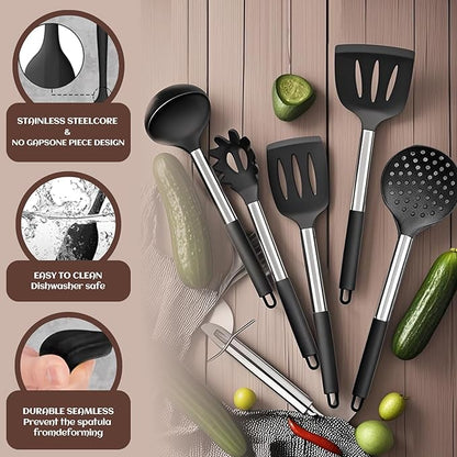 40 Pcs Kitchen Utensils Set Silicone Cooking, 446℉ Heat Resistance Stainless Steel Metal, Spaghetti Spoon Cookware Utensils, Rubber Tools Nonstick Kitchenware Can Dishwasher Safe - Image 5