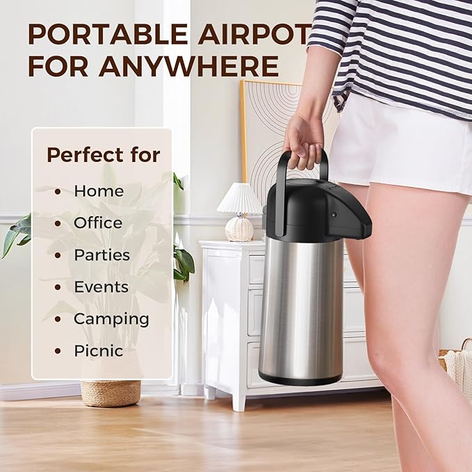 Coffee Carafe for Keeping Hot - Gezoss 64OZ / 1.9L Airpot Coffee Dispenser with Pump - Large Coffee Carafe for Hot Drinks Tea Liquid - Insulated Stainless Steel Hot Water Beverage Urn for Parties - Image 7