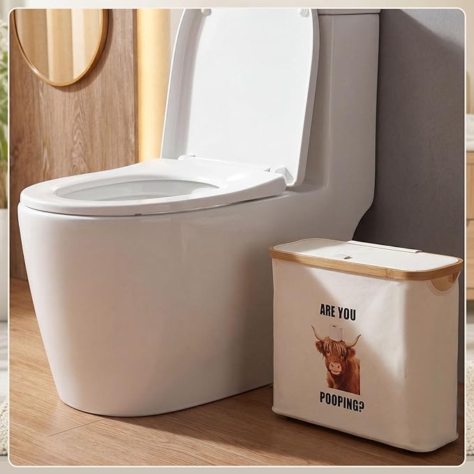 Toilet Paper Basket with Lid & Bamboo Handle, Highland Cow are You Pooping Toilet Paper Storage Holder Waterproof Oxford Bathroom Organizer, Free Standing Tissue Holder for 9-12 Rolls