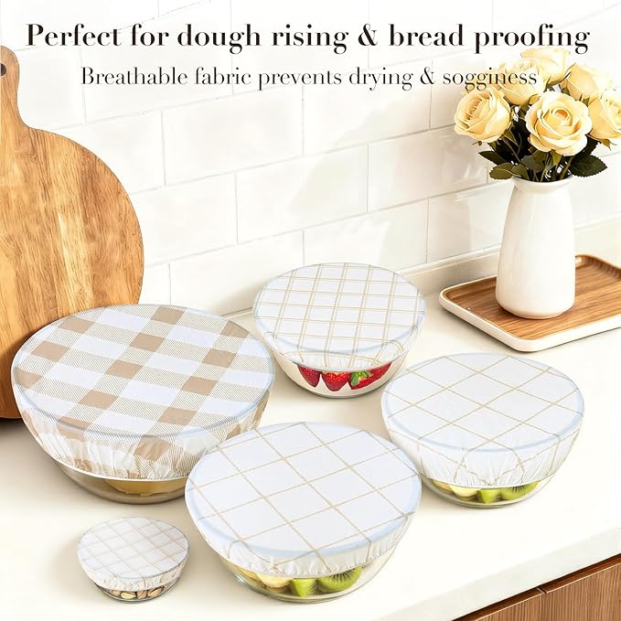 Tirphy 5-Size Reusable Bowl Covers for Bread Proofing - Beeswax Bowl Covers Reusable 4/6/8/10/12 Inch - Elastic Cotton Cloth Sourdough Cover - Shower Caps for Sourdough Bread (Simple style)