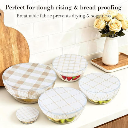 Tirphy 5-Size Reusable Bowl Covers for Bread Proofing - Beeswax Bowl Covers Reusable 4/6/8/10/12 Inch - Elastic Cotton Cloth Sourdough Cover - Shower Caps for Sourdough Bread (Simple style)