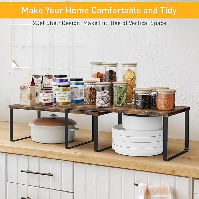 OGEMXU Cabinet Shelf Organizers, 15.7 inches Large Kitchen Counter Shelf, Set of 2 Wood Kitchen Pantry Organizer, Storage Shelves for Countertop, Spice Rack, Stackable, Expandable, Metal Black, Brown - Image 3