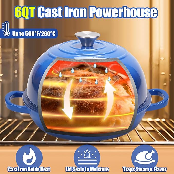 6QT Enameled Cast Iron Dutch Oven for Bread Baking – Sourdough Starter Kit with Cotton Basket, Bread Sling, Lame, Brush & Handle Cover – Multi-Purpose Pot for Baking, Frying, Braising – Blue