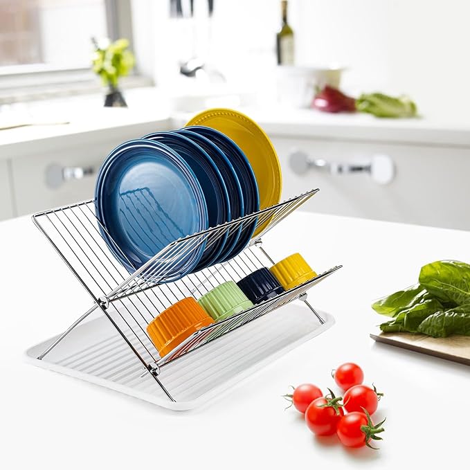Youeon Foldable Dish Drying Rack with Drip Tray, Stainless Steel 2 Tier Dish Drainer Rack, Collapsible Dish Drainer, Folding Dish Rack for Kitchen Sink, Countertop, Cutlery, Plates, Dishes - Image 8