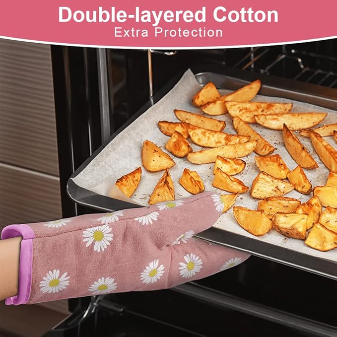 AUAUY Oven Mitts and Potholders, BBQ Gloves Heat Resistant, 1 Pair Oven Mitts and 2 Pot Holders, Cotton Non-Slip Cooking Gloves for Cooking Baking Kitchen Microwave Pizza(Daisy-Pink) - Image 3