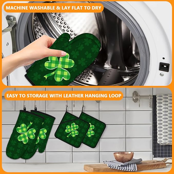 Green Clover Oven Mitts and Pot Holders Sets 4Pcs,Extra Long Oven Gloves Potholder for Kitchen Cooking Baking BBQ 100% Cotton Heat Resistant(St. Patrick's Day) - Image 5