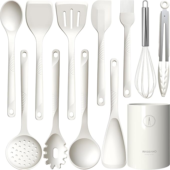 Silicone Cooking Utensils Set - 600°F Heat Resistant, Nonstick Kitchen Utensil Set with Spatulas, Spoons, Whisk, Tongs, BPA Free, Dishwasher Safe, Cream White by Unknown