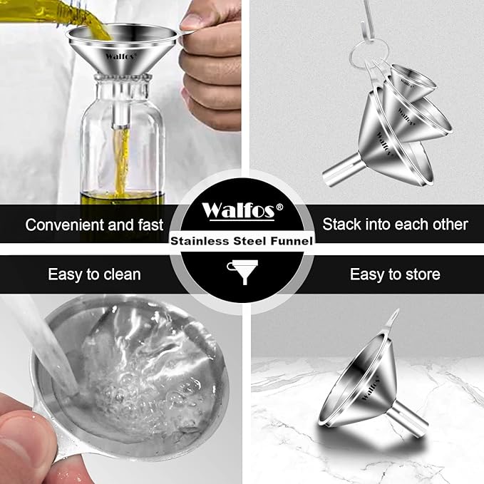 WALFOS Mini Stainless Steel Funnels, Multi-use Small Kitchen Funnel Set, for Transferring Liquid, Fluid, Essential Oils, Powder,Tiny Spices,Long-Lasting and Dishwasher Safe (3 in、2.2 in、1.7in) - Image 6