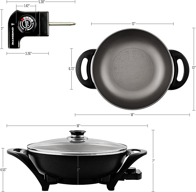 OVENTE Electric Wok with Nonstick Coating, 13 Inch Family-Sized Skillet, 1400W Power, Adjustable Temperature, Tempered Glass Lid, Cool Touch Handles and Easy to Clean Frying Surface, Black SK3113B - Image 6