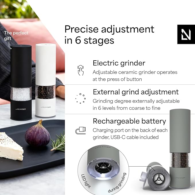LARS NYSØM Electric Salt and Pepper Grinder Set I Automatic Salt and Pepper Mills with Adjustable Ceramic Grinder I USB Rechargeable Electric Spice Mill Set with LED Light (Ash Gray) - Image 2