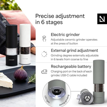 LARS NYSØM Electric Salt and Pepper Grinder Set I Automatic Salt and Pepper Mills with Adjustable Ceramic Grinder I USB Rechargeable Electric Spice Mill Set with LED Light (Ash Gray) - Image 2