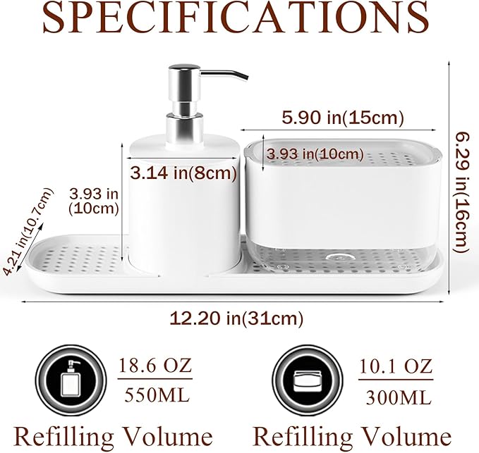 Kitchen Soap Dispenser Set with Tray, 4-in-1 Dual Hand and Dish Soap Dispenser with Sponge Holder for Kitchen Sink, Practical Kitchen Gadgets (White)