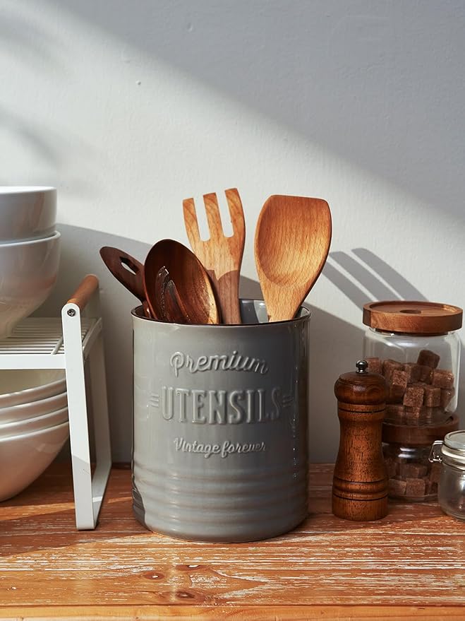 DOWAN 7.2″ Extra Large Kitchen Utensil Holder - Farmhouse Utensil Holder for Countertop - Ceramic Utensil Crock with Protection Cork Mat - Kitchen Decor & Housewarming Gift (Grey) - Image 2