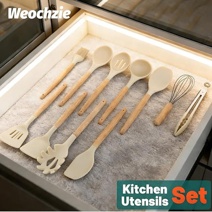 Silicone Cooking Utensil Set,12 PCS Cooking Kitchen Utensils Set, Nonstick Kitchen Utensils 446°F Heat-Resistant Cookware Kitchen Tools of Spoon,Brush,Whisk,Spatula,Turner Tongs (Khaki) - Image 6