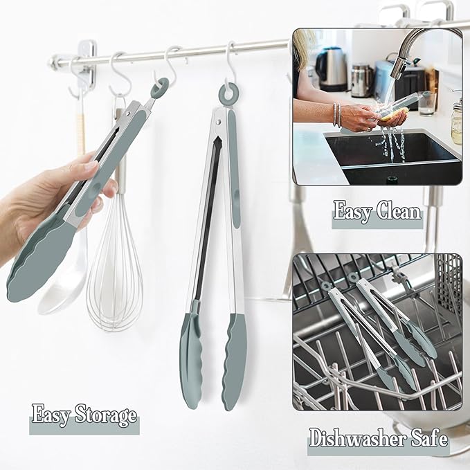 TeamFar Kitchen Tongs, 9" and 12" Stainless Steel Cooking Tongs with Silicone Tips for Cooking Grilling Serving & BBQ, Heat Resistant Silicone Tongs, Locking Design & Dishwasher Safe, Set of 2 & Grey - Image 5
