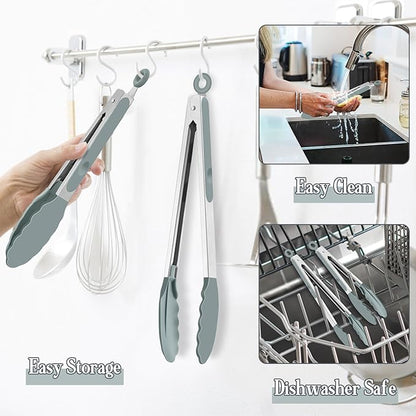 TeamFar Kitchen Tongs, 9" and 12" Stainless Steel Cooking Tongs with Silicone Tips for Cooking Grilling Serving & BBQ, Heat Resistant Silicone Tongs, Locking Design & Dishwasher Safe, Set of 2 & Grey - Image 5