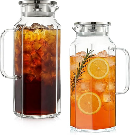 2 Pack 2 Liters/68 oz Octagon Glass Water Pitcher with Lid and Spout, Water Pitchers with Handle for Fridge, Borosilicate Glass Carafe for Hot/Cold Drink, Extra Large Jug for Iced Tea, Coffee.
